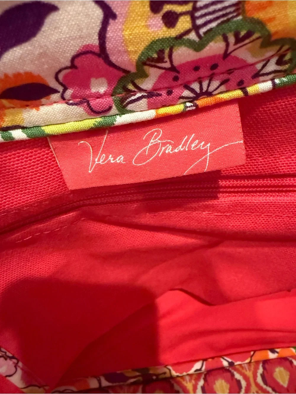 Vera Bradley Bright Pink Canvas Tote Bag with White Stripe Handles floral accent